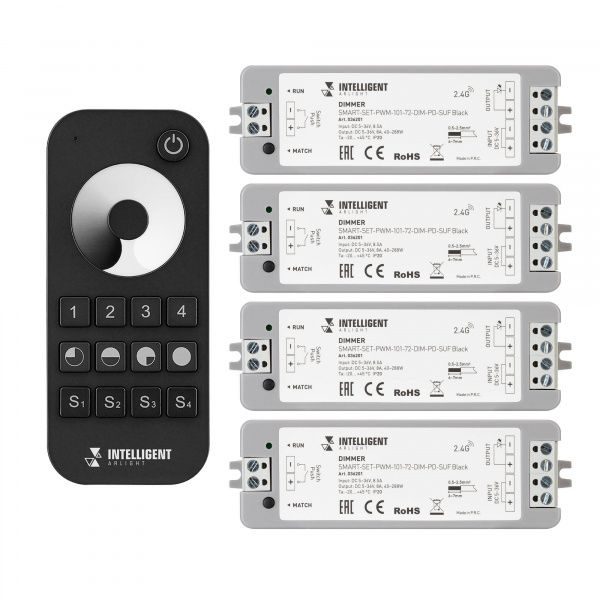 INTELLIGENT ARLIGHT Диммер SMART-SET-PWM-101-72-DIM-PD-SUF Black (5-36V, 1x8A, x4, ПДУ 13кн, 2.4G) (IARL, IP20 Пластик, 5 лет) 036201