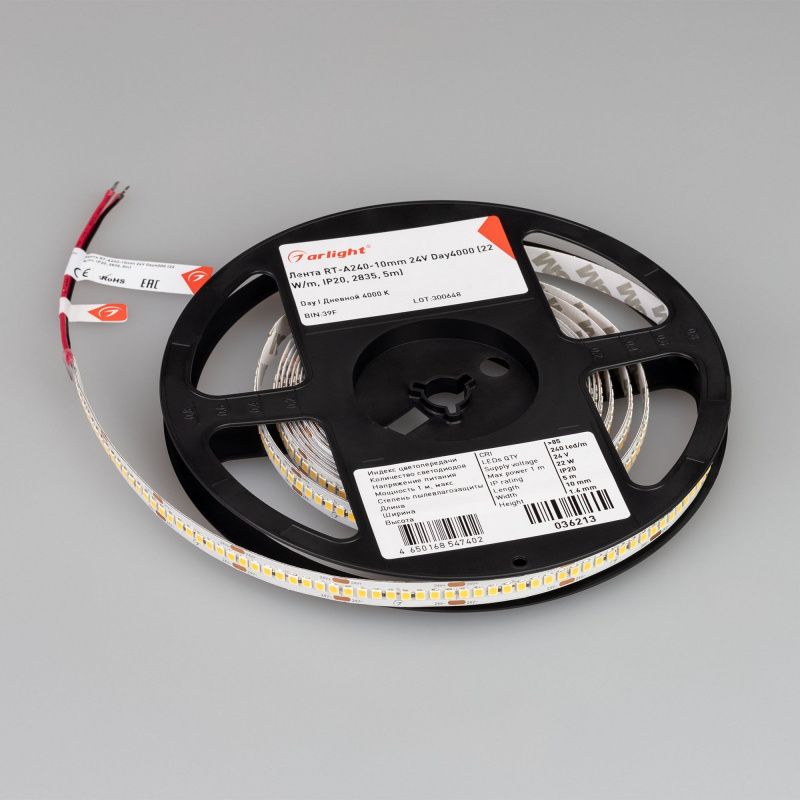 Светодиодная лента RT-A240-10mm 24V Day4000 (22 W/m, IP20, 5m) (Arlight, высок.эфф.150 лм/Вт) 036213(1)
