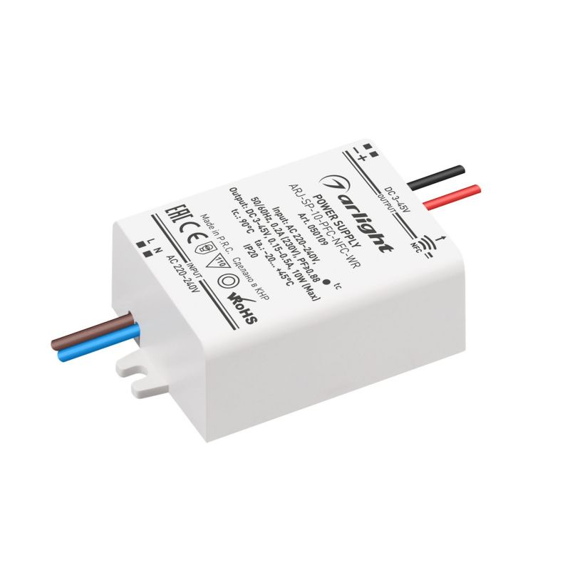 Блок питания ARJ-SP-10-PFC-NFC-WR (10W, 3-45V, 0.15-0.5A) (Arlight, IP20 Пластик, 5 лет) 050109