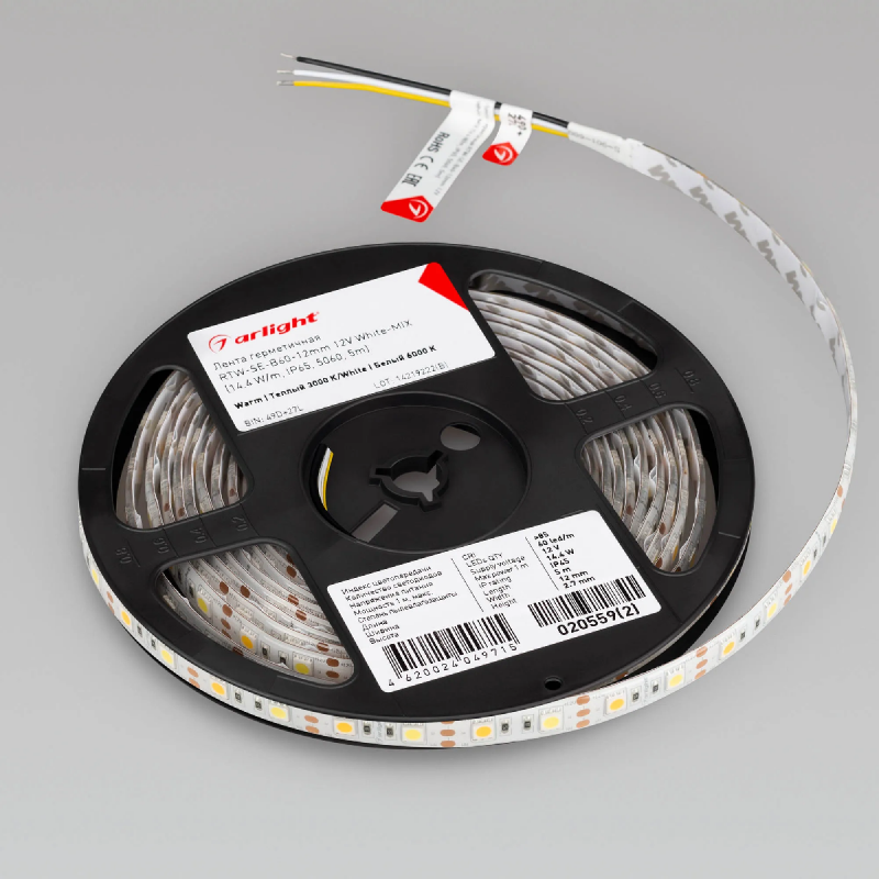 Светодиодная лента герметичная RTW-SE-B60-12mm 12V White-MIX (14.4 W/m, IP65, 5060, 5m) (Arlight, Изменяемая ЦТ) 020559(2)