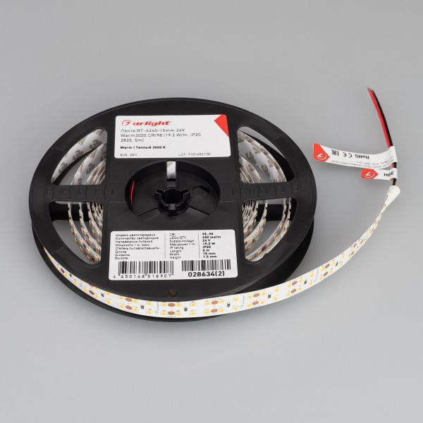 Светодиодная лента RT-A240-15mm 24V Warm3000 CRI98 (19.2 W/m, IP20, 2835, 5m) (Arlight, Открытый) 028634(2)