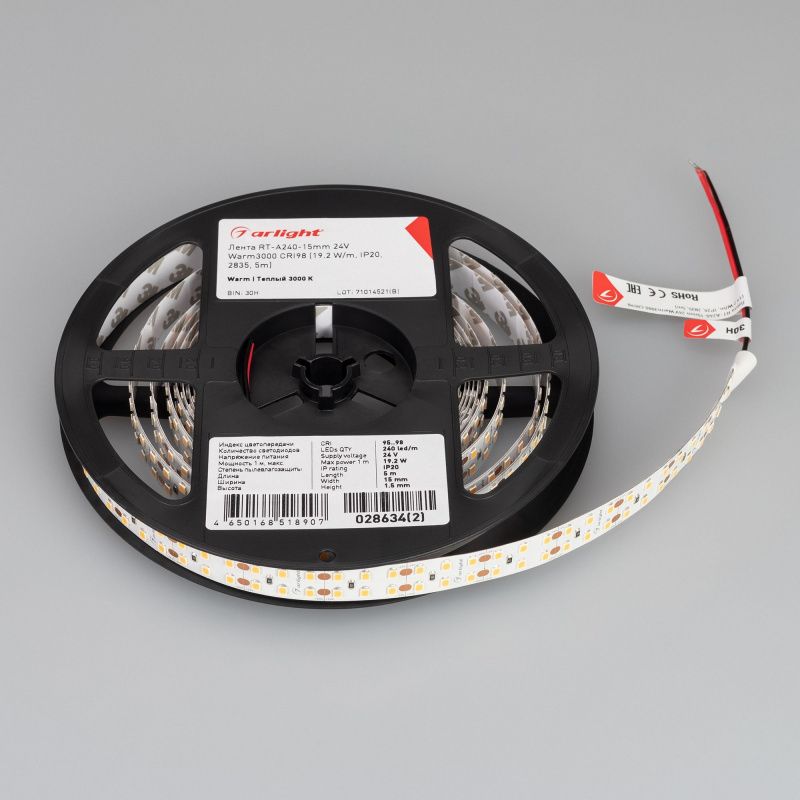 Светодиодная лента RT-A240-15mm 24V Warm3000 CRI98 (19.2 W/m, IP20, 2835, 5m) (Arlight, Открытый) 028634(2)