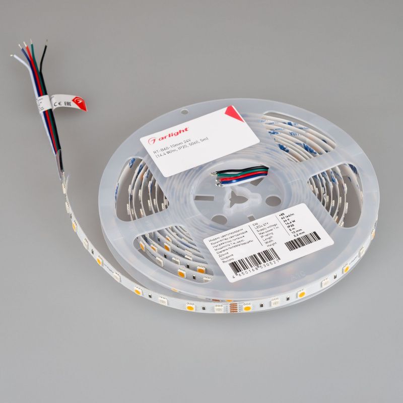 Светодиодная лента RT-B60-10mm 24V RGBW-Day (14.4 W/m, IP20, 5m) (Arlight, Открытый) 018326(3)