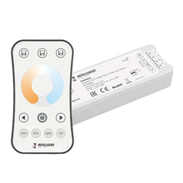 INTELLIGENT ARLIGHT Диммер SMART-SET-PWM-102-72-MIX-SUF White (12-24V, 2x5A, ПДУ RING 10кн, 2.4G) (IARL, IP20 Пластик, 5 лет) 036184