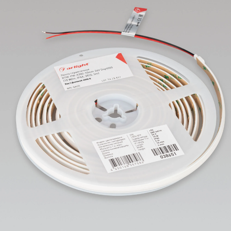 Светодиодная лента герметичная RTW-PW-A280-10mm 24V Day4000 (10 W/m, IP66, 2835, 5m) (Arlight, Матовая) 038651