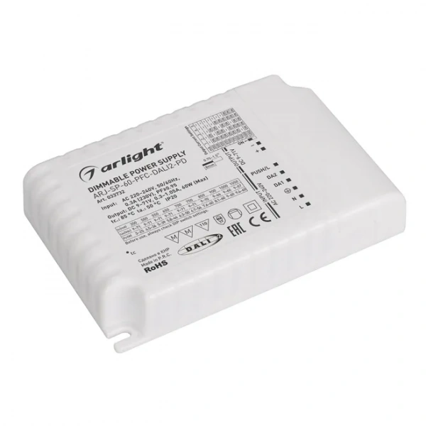 Блок питания ARJ-SP-60-PFC-DALI2-PD (60W, 9-71V, 0.35 -1.05A) (Arlight, IP20 Пластик, 5 лет) 033732