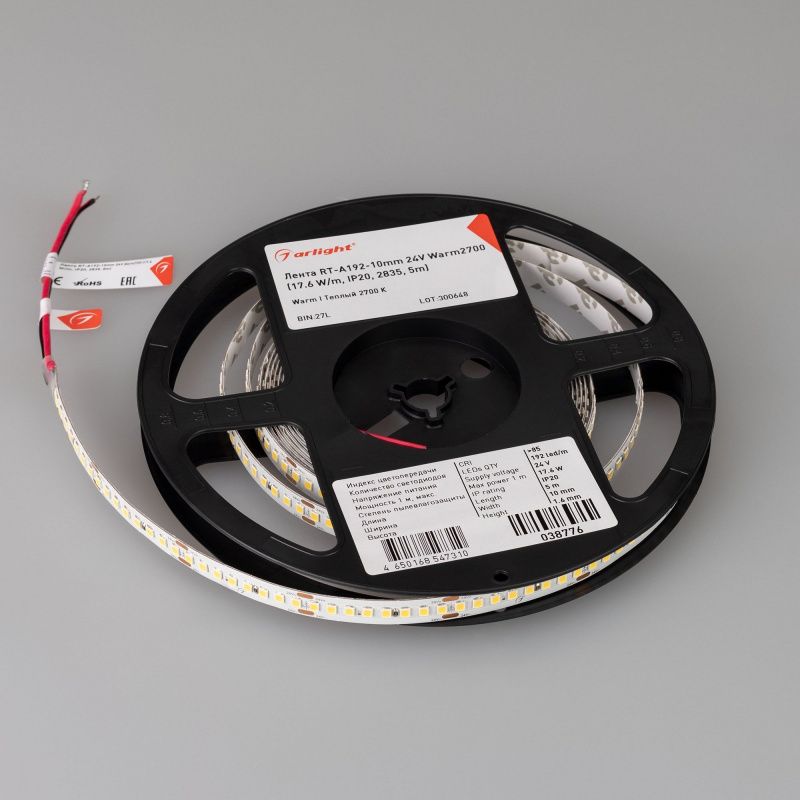 Светодиодная лента RT-A192-10mm 24V Warm2700 (17.6 W/m, IP20, 5m) (Arlight, высок.эфф.150 лм/Вт) 038776(1)