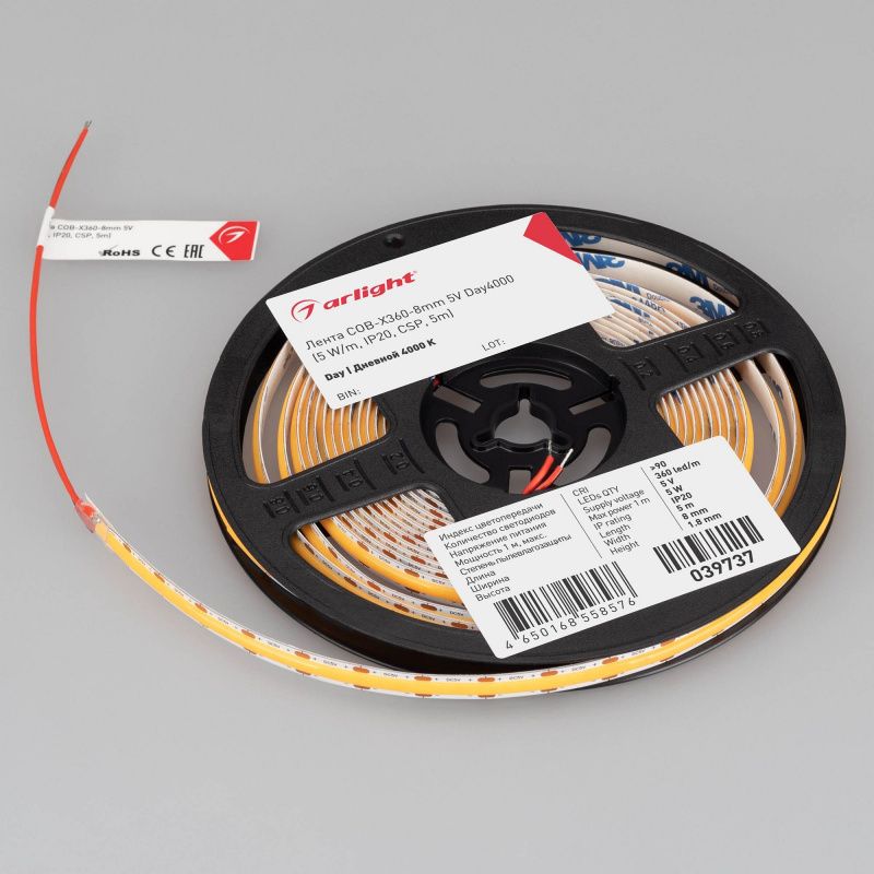 Светодиодная лента COB-X360-8mm 5V Day4000 (5 W/m, IP20, 5m) (Arlight, -) 039737(1)