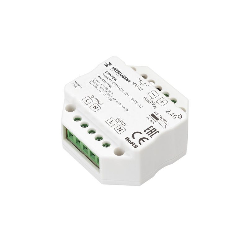 INTELLIGENT ARLIGHT Релейный модуль SMART-SWITCH-701-72-PS-IN  (230V, 1x6A, 2.4G) (IARL, IP20 Пластик, 5 лет) 028299(2)