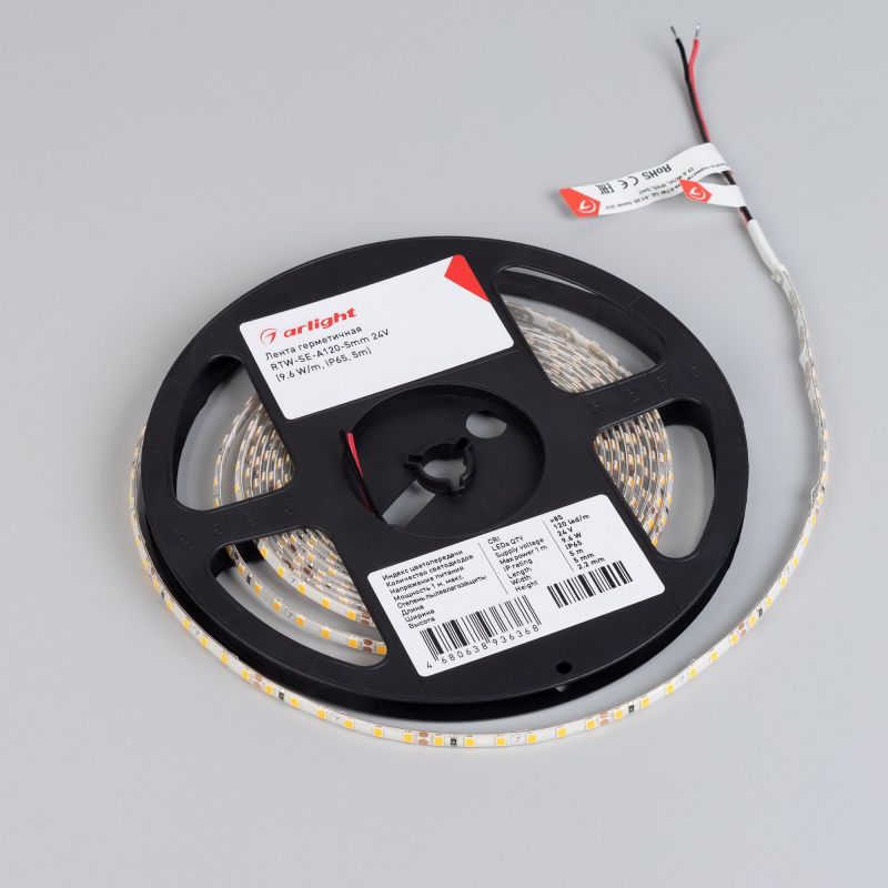 Светодиодная лента герметичная RTW-SE-A120-5mm 24V White6000 (9.6 W/m, IP65, 5m) (Arlight, -) 058268