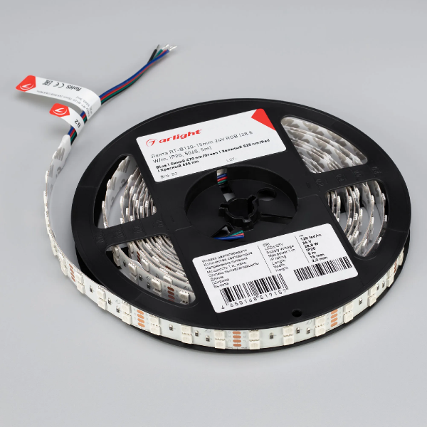 Светодиодная лента RT-B120-15mm 24V RGB (28.8 W/m, IP20, 5060, 5m) (Arlight, Открытый) 011205(2)