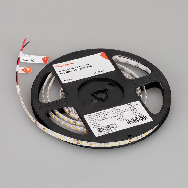 Светодиодная лента RT-A128-8mm 24V Day5000 (10 W/m, IP20, 5m) (Arlight, высок.эфф.150 лм/Вт) 038756(1)