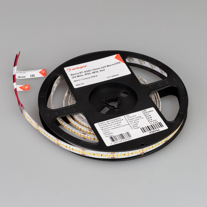Светодиодная лента RT-A240-10mm 24V Warm2700 (22 W/m, IP20, 2835, 5m) (Arlight, высок.эфф.150 лм/Вт) 038746