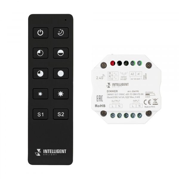 INTELLIGENT ARLIGHT Диммер SMART-SET-TRIAC-601-72-DIM-PD-IN Black (230V, 1x1.5A, ПДУ 10кн, 2.4G) (IARL, IP20 Пластик, 5 лет) 036190