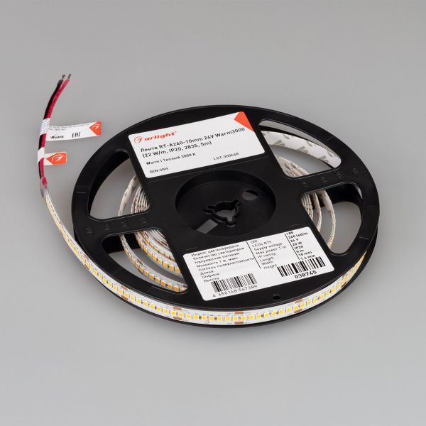 Светодиодная лента RT-A240-10mm 24V Warm3000 (22 W/m, IP20, 5m) (Arlight, высок.эфф.150 лм/Вт) 038745(1)