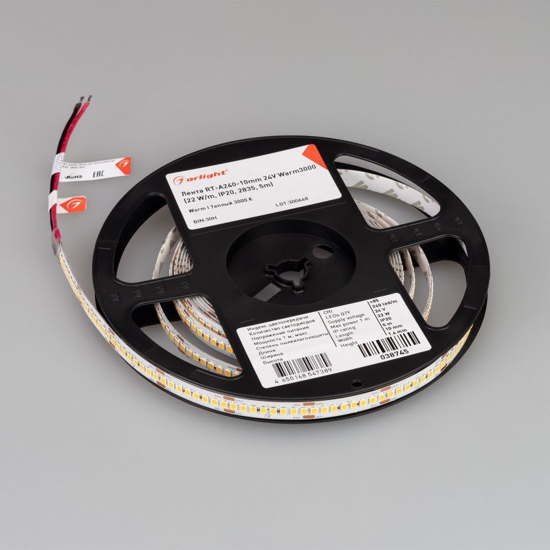 Светодиодная лента RT-A240-10mm 24V Warm3000 (22 W/m, IP20, 5m) (Arlight, высок.эфф.150 лм/Вт) 038745(1)