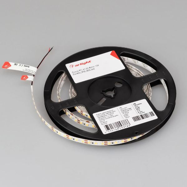 Светодиодная лента RT-A120-8mm 12V Warm3500 (9.6 W/m, IP20, 2835, 5m) (Arlight, Открытый) 034446