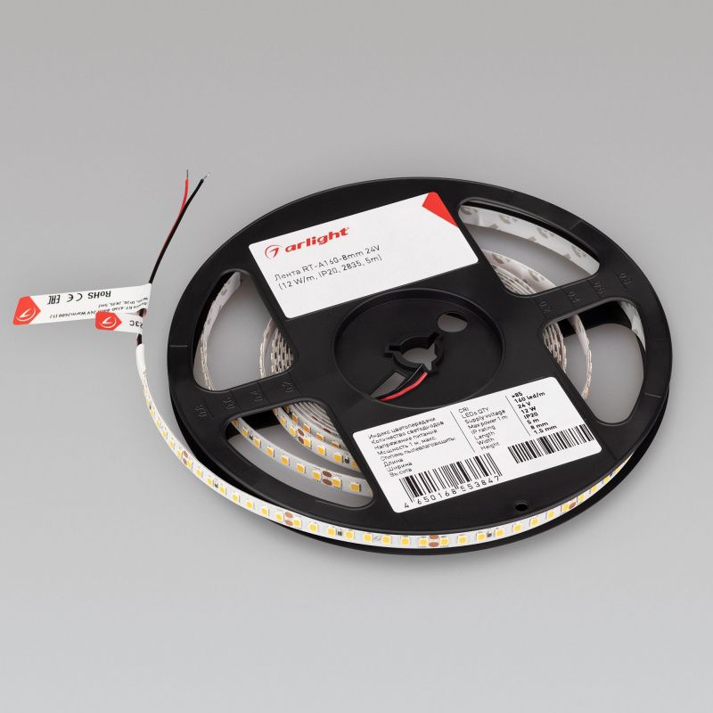 Светодиодная лента RT-A160-8mm 24V White6000 (12 W/m, IP20, 2835, 5m) (Arlight, высок.эфф.150 лм/Вт) 024534(2)