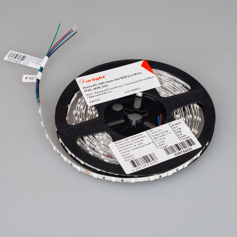 Светодиодная лента RT-G60-5mm 24V RGB (6.6 W/m, IP20, 3838, 5m) (Arlight, узкая) 030164(2)