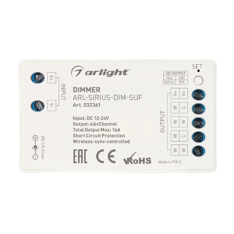 Диммер ARL-SIRIUS-DIM-SUF (12-24V, 4x4A, 2.4G) (Arlight, IP20 Пластик, 3 года) 032361