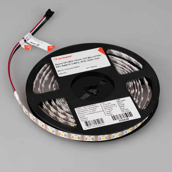 Светодиодная лента SPI-B60-10mm 12V Warm2700-PX1-RAM (9.3 W/m, IP20, 5060, 5m) (Arlight, бегущий огонь) 033438