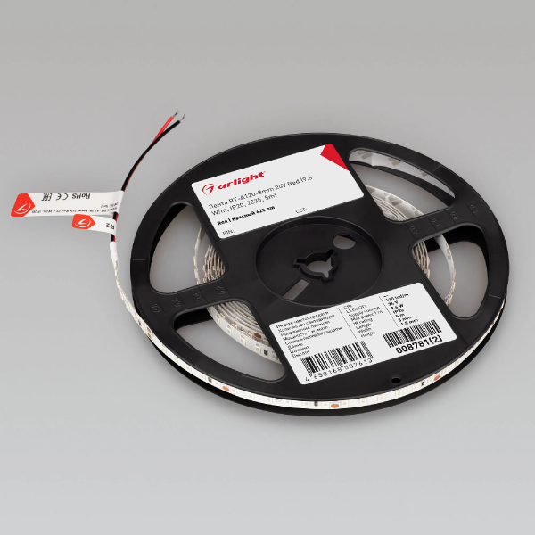 Светодиодная лента RT-A120-8mm 24V Red (9.6 W/m, IP20, 2835, 5m) (Arlight, 9.6 Вт/м, IP20) 008781(2)