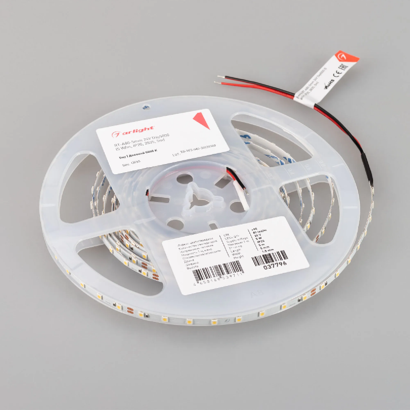 Светодиодная лента RT-A80-5mm 24V Day5000 (5 W/m, IP20, 2835, 5m) (Arlight, Открытый) 037796
