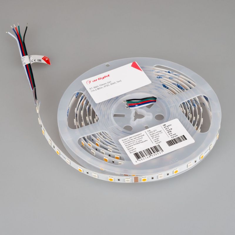 Светодиодная лента RT-B60-10mm 24V RGBW-Warm (14.4 W/m, IP20, 5m) (Arlight, Открытый) 018327(3)