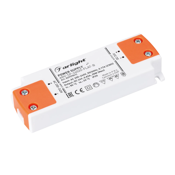 Блок питания ARV-SP-24020-FLAT-B (24V, 0.83A, 20W) (Arlight, IP20 Пластик, 5 лет) 029375(1)