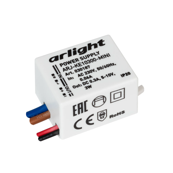 Блок питания ARJ-KE10300-MINI (3W, 300mA) (Arlight, IP20 Пластик, 5 лет) 030187