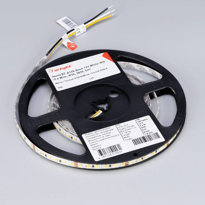 Светодиодная лента RT-A120-8mm 12V White-MIX (9.6 W/m, IP20, 2835, 5m) (Arlight, Изменяемая ЦТ) 013126(2)