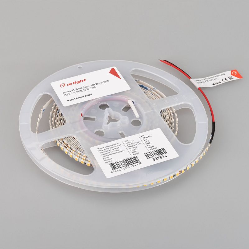 Светодиодная лента RT-A160-5mm 24V Warm2700 (15 W/m, IP20, 5m) (Arlight, CRI>95) 037814(1)