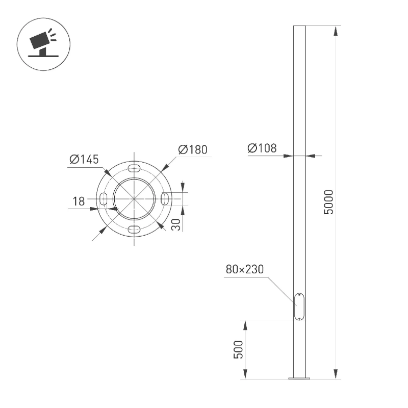 Опора фланцевая OXOR-OT1-D108-L5000 (BK) (Arlight, Сталь) 053029
