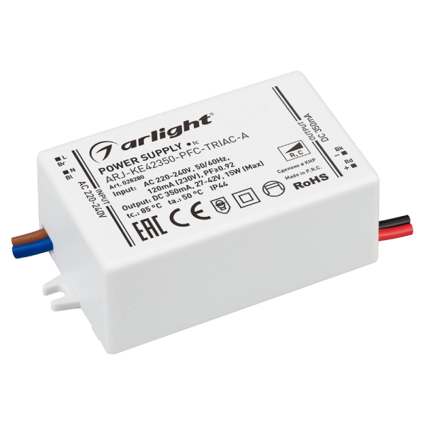 Блок питания ARJ-KE42350-PFC-TRIAC-A (15W, 350mA) (Arlight, IP44 Пластик, 5 лет) 028280