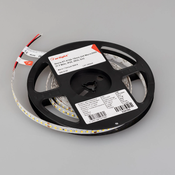 Светодиодная лента RT-A144-10mm 24V Warm3000 (7.7 W/m, IP20, 2835, 5m) (Arlight, высок.эфф.200 лм/Вт) 038782