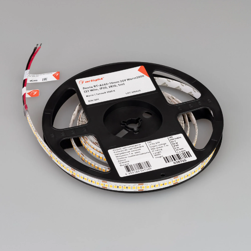 Светодиодная лента RT-A240-10mm 24V Warm3000 (22 W/m, IP20, 2835, 5m) (Arlight, высок.эфф.150 лм/Вт) 038745