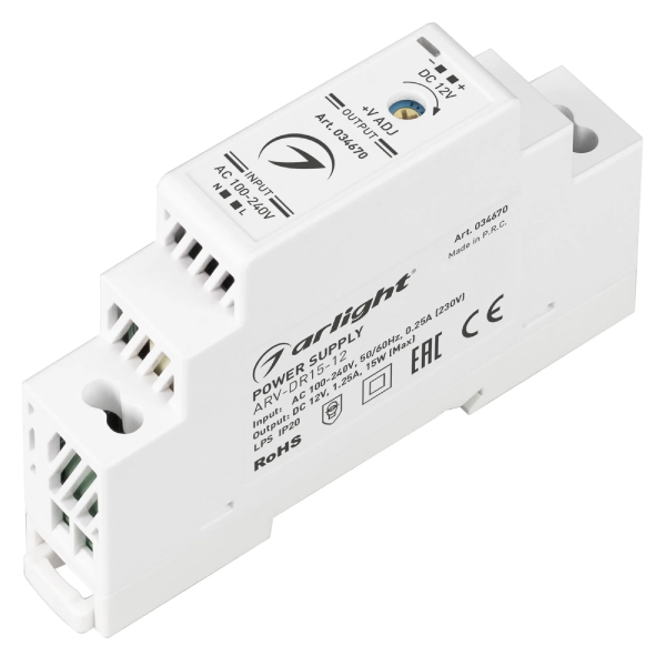 Блок питания ARV-DR15-12 (12V, 1.25A, 15W) (Arlight, IP20 DIN-рейка) 034670