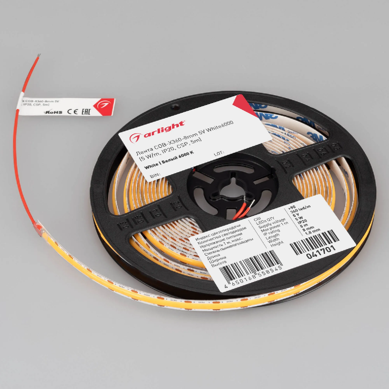 Светодиодная лента COB-X360-8mm 5V White6000 (5 W/m, IP20, CSP, 5m) (Arlight, -) 041701