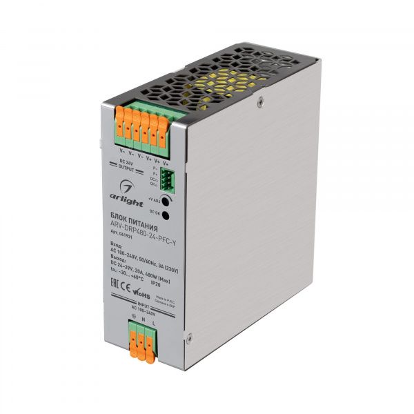 Блок питания ARV-DRP480-24-PFC-Y (24V, 20A, 480W) (Arlight, IP20 Металл, 5 лет) 061931