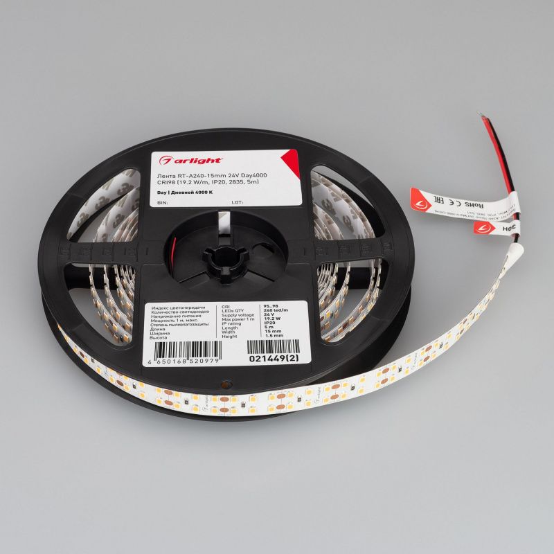 Светодиодная лента RT-A240-15mm 24V Day4000 CRI98 (19.2 W/m, IP20, 2835, 5m) (Arlight, 19.2 Вт/м, IP20) 021449(2)