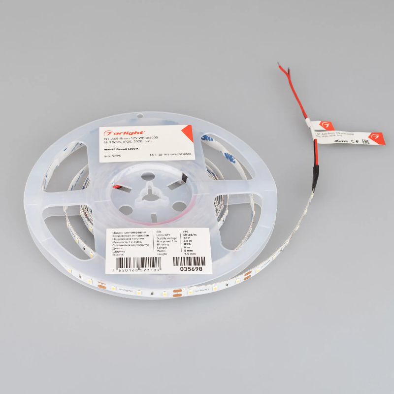 Светодиодная лента NT-A60-8mm 12V White6000 (4.8 W/m, IP20, 3528, 5m) (Arlight, Открытый) 035698