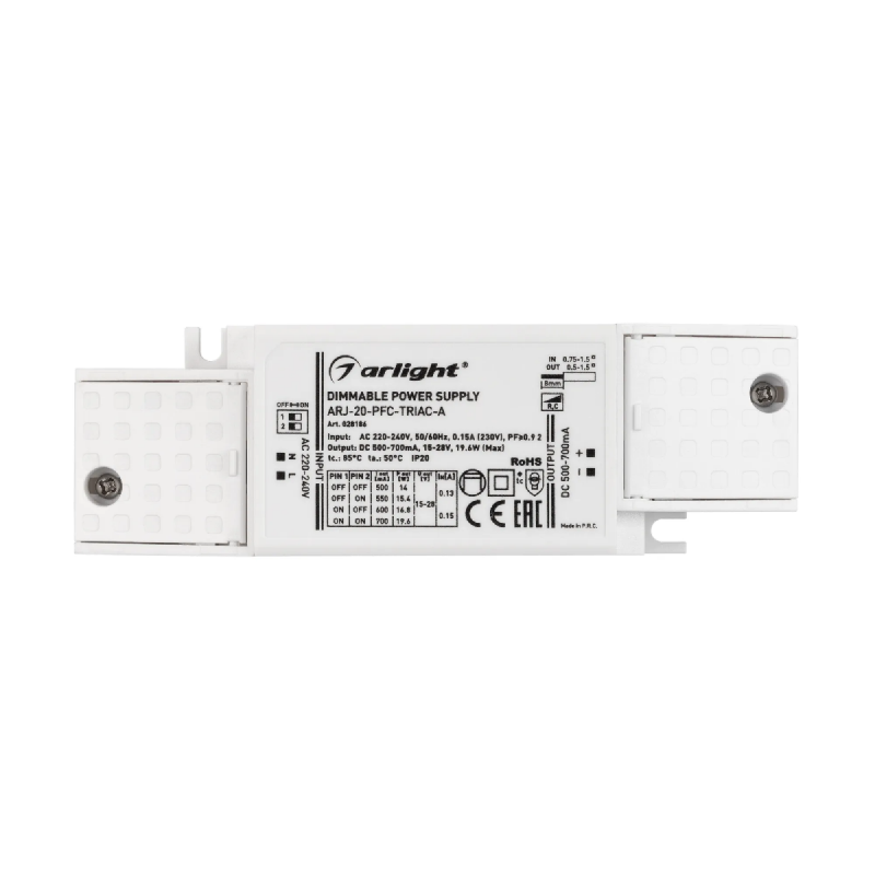 Блок питания ARJ-20-PFC-TRIAC-A (20W, 500-700mA) (Arlight, IP20 Пластик, 5 лет) 028186