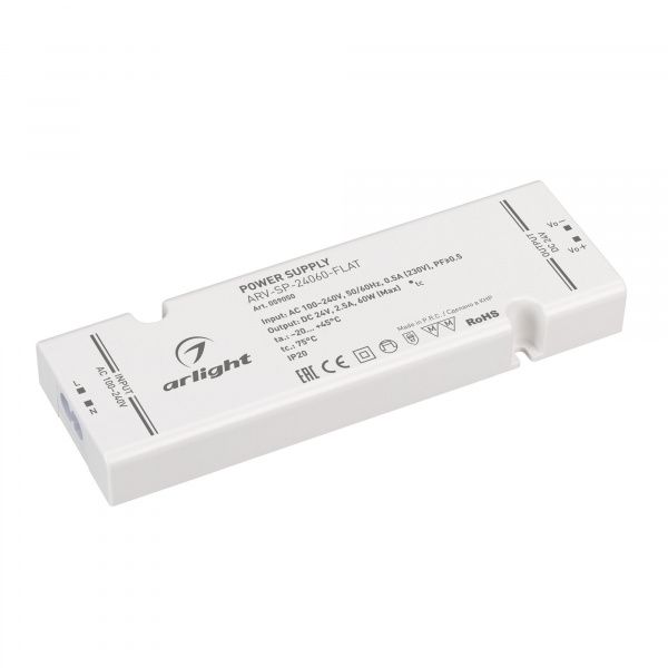 Блок питания ARV-SP-24060-FLAT (24V, 2.5A, 60W) (Arlight, IP20 Пластик, 5 лет) 059050