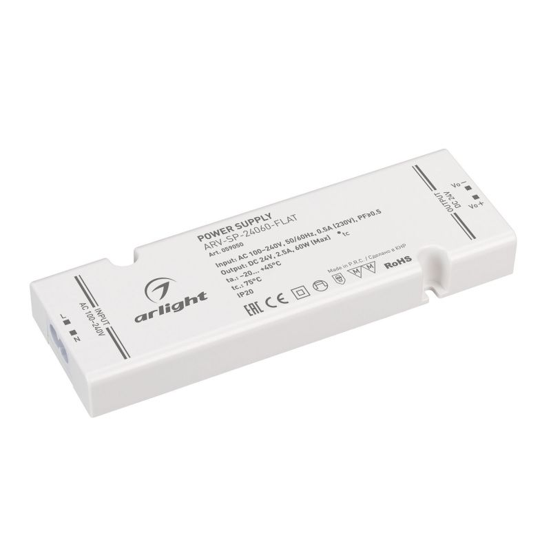 Блок питания ARV-SP-24060-FLAT (24V, 2.5A, 60W) (Arlight, IP20 Пластик, 5 лет) 059050