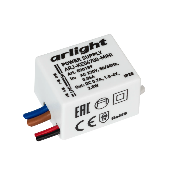 Блок питания ARJ-KE04700-MINI (2.8W, 700mA) (Arlight, IP20 Пластик, 5 лет) 030189